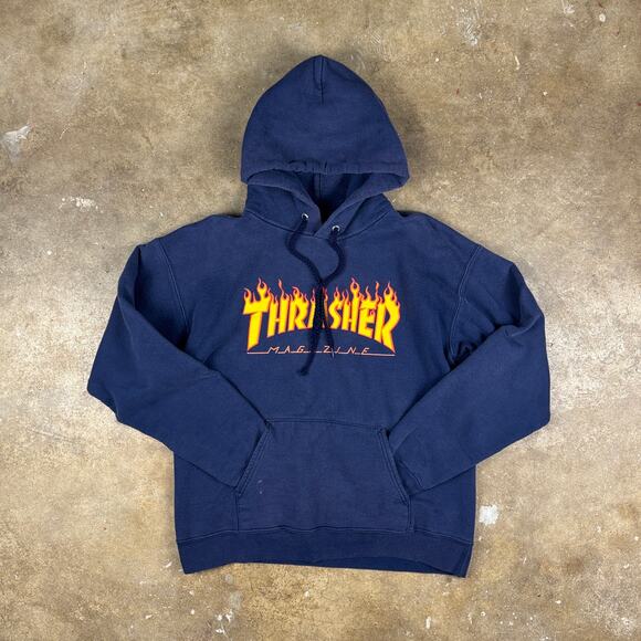Thrasher Flame Logo Hoodie Men’s Small Navy Blue Skate Pullover Y2K Style - Picture 1 of 9